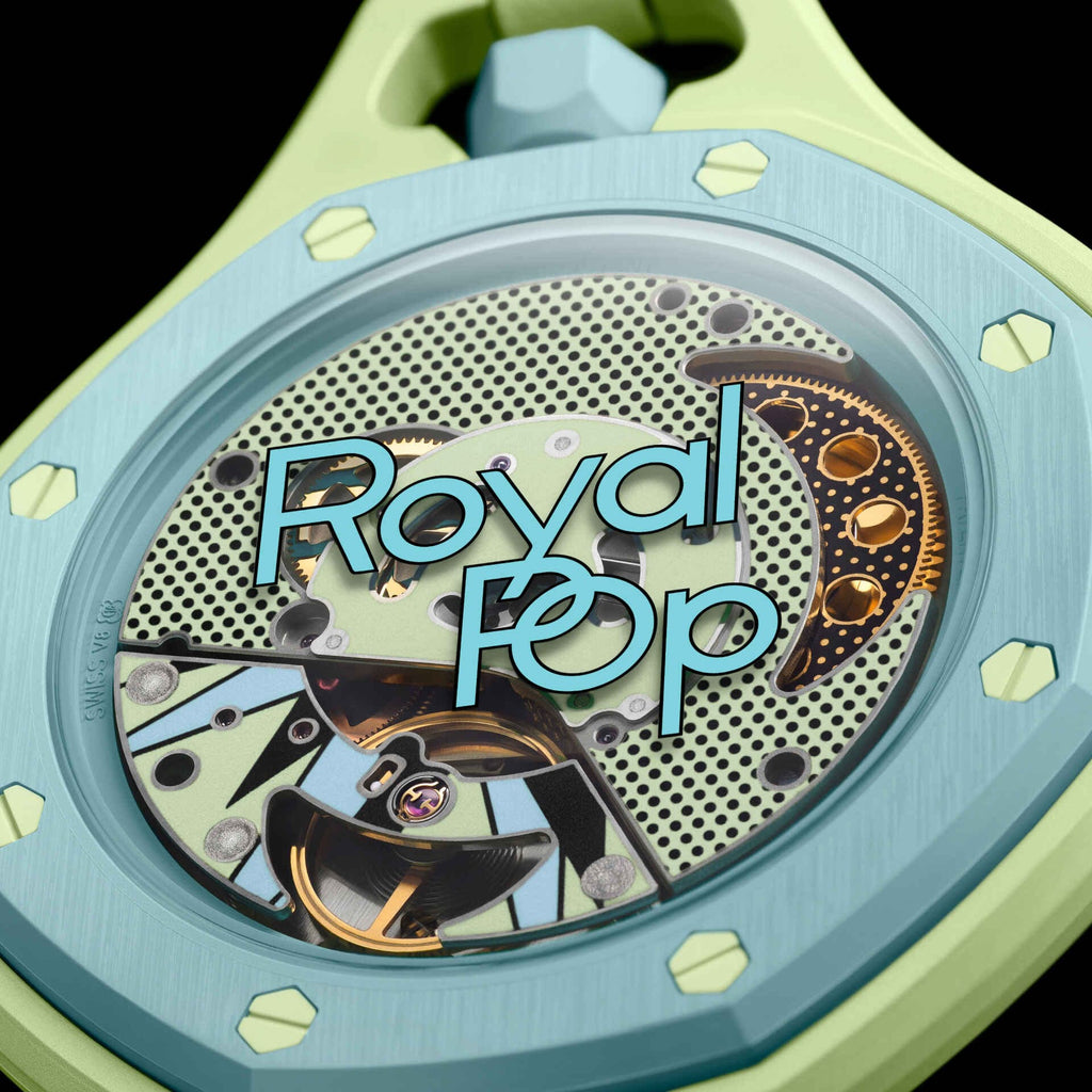 étail lunette Royal Pop Blaue Acht — huit vis hexagonales vert lime, inscription Royal Pop, fond saphir décoré Pop Art