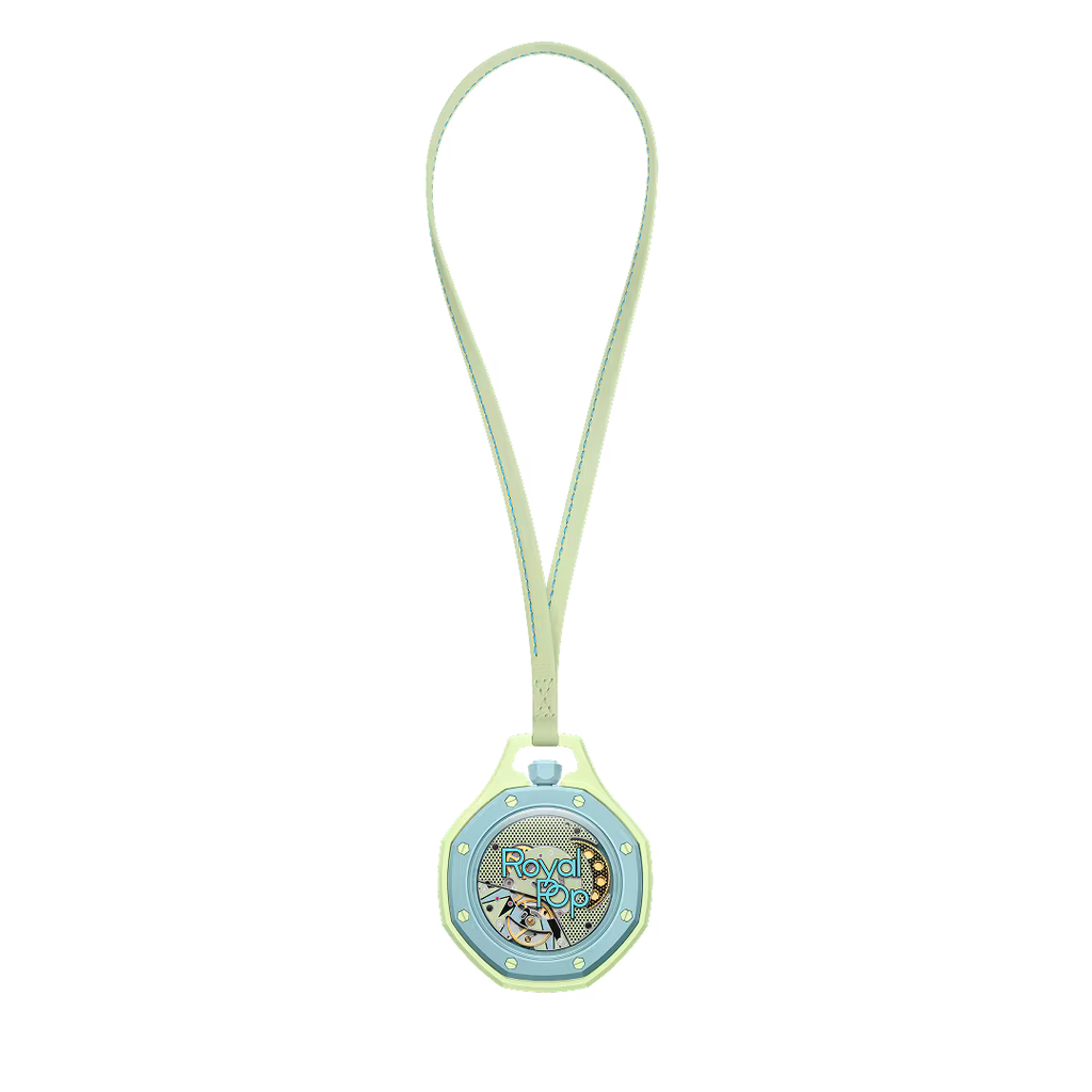 Royal Pop Blaue Acht vue arrière — fond saphir transparent, mouvement Sistem51 remontage manuel décoré Pop Art, cordon vert surpiqûres bleu clair