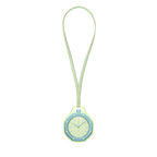 Montre de poche Royal Pop Blaue Acht vue de face — cadran Petite Tapisserie vert lime, lunette octogonale bleu clair, cordon cuir de veau vert