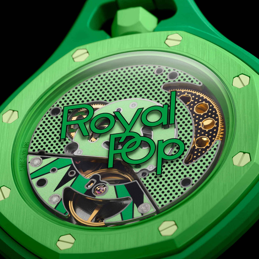 Détail lunette Royal Pop Green Eight — vis hexagonales vert foncé, lunette vert clair, inscription Royal Pop