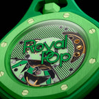 Détail lunette Royal Pop Green Eight — vis hexagonales vert foncé, lunette vert clair, inscription Royal Pop
