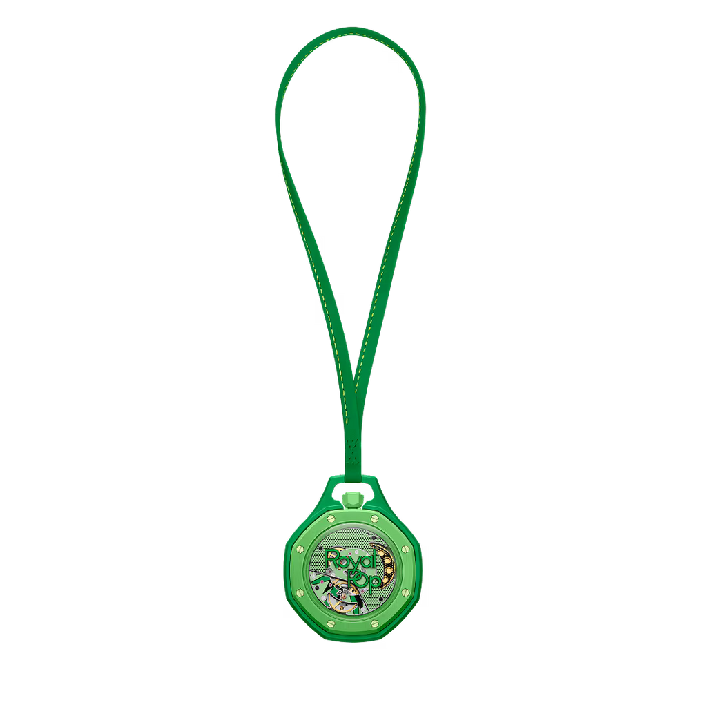 Royal Pop Green Eight vue arrière — fond saphir transparent, mouvement Sistem51 décoré Pop Art, cordon vert