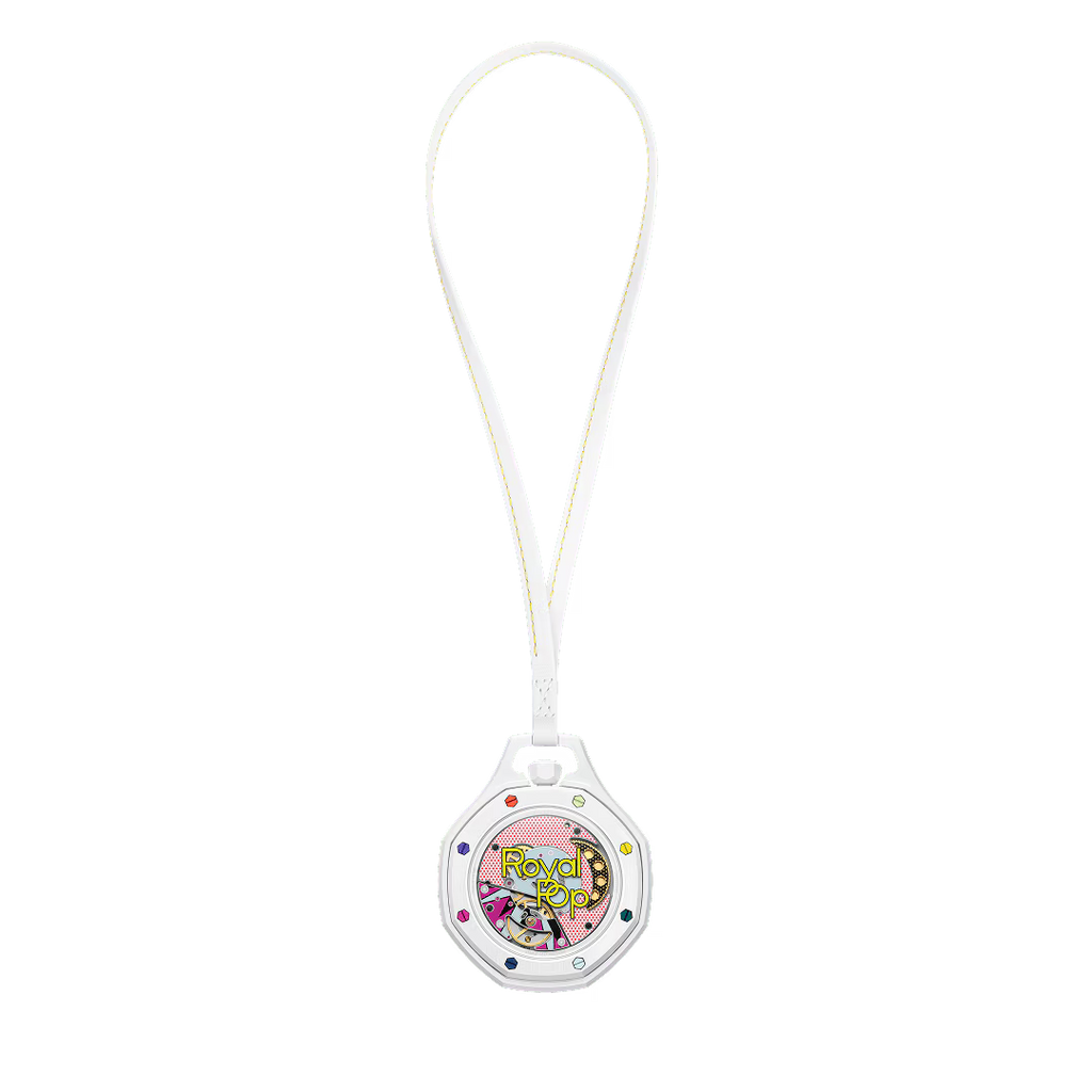 Royal Pop Huit Blanc vue arrière — fond saphir transparent, mouvement Sistem51 remontage manuel décoré Pop Art, cordon blanc surpiqûres jaunes