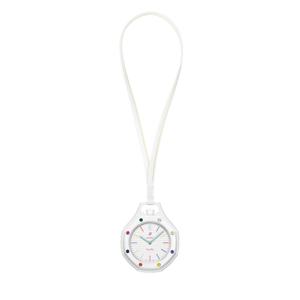 Montre de poche Royal Pop Huit Blanc vue de face — cadran Tapisserie blanc, lunette octogonale blanche, huit vis hexagonales multicolores, cordon cuir blanc