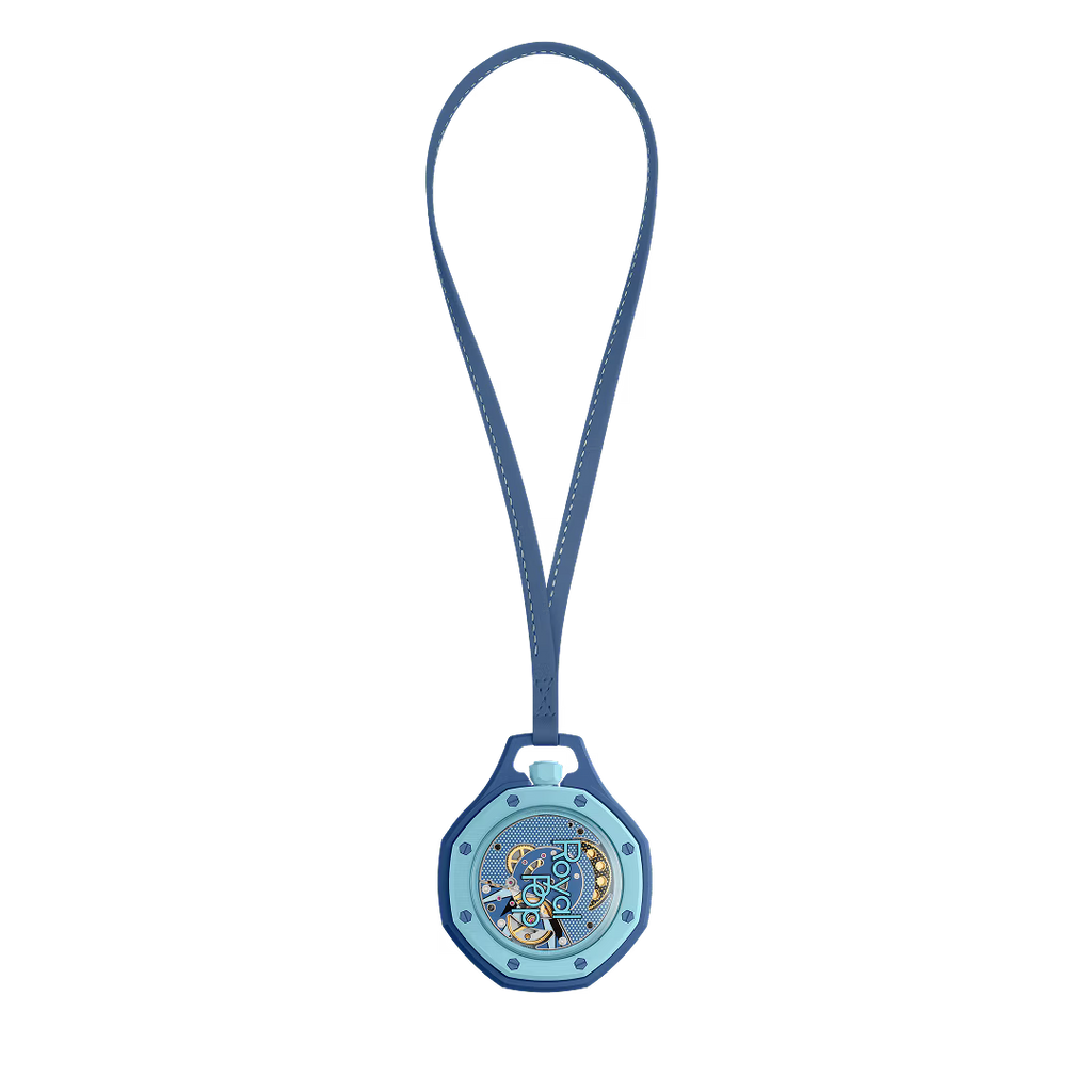 Royal Pop Làn Ba vue arrière — fond saphir transparent, mouvement Sistem51 trois aiguilles décoré Pop Art, indicateur réserve de marche, cordon bleu