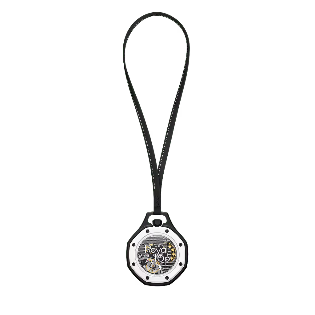 Royal Pop Ocho Negro vue arrière — fond saphir transparent, mouvement Sistem51 décoré Pop Art, cordon noir