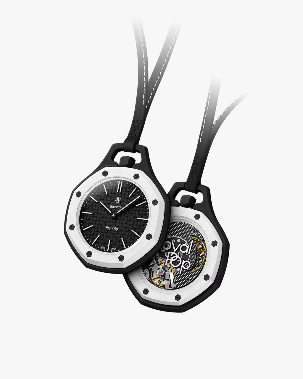 Royal Pop Ocho Negro Swatch x Audemars Piguet — vue face et dos, boîtier Bioceramic noir, lunette blanche, cadran Tapisserie noir, cordon cuir noir