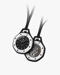 Royal Pop Ocho Negro Swatch x Audemars Piguet — vue face et dos, boîtier Bioceramic noir, lunette blanche, cadran Tapisserie noir, cordon cuir noir