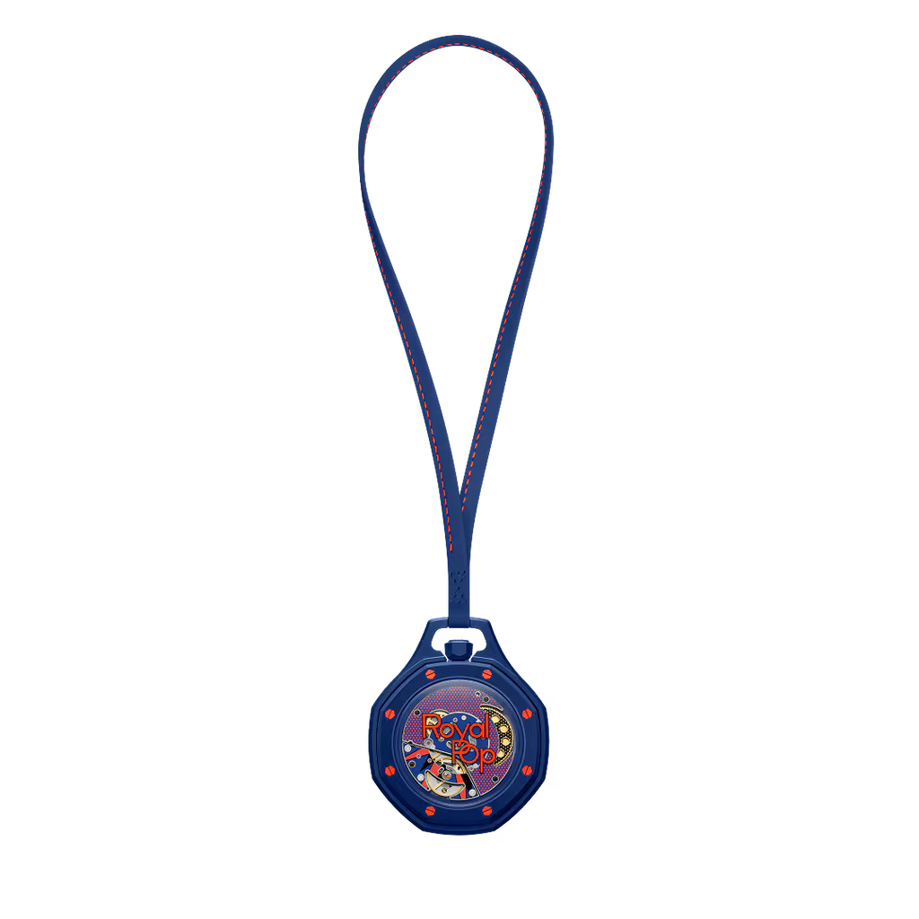 Royal Pop Orenji Hachi vue arrière — fond saphir transparent, mouvement Sistem51 remontage manuel décoré Pop Art, vis orange, cordon bleu marine surpiqûres orange
