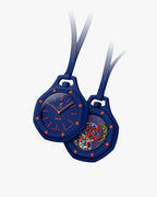 Royal Pop Orenji Hachi Swatch x Audemars Piguet — vue face et dos, boîtier Bioceramic bleu marine, vis orange, cadran Tapisserie bleu, fond saphir mouvement Pop Art, cordon cuir bleu marine
