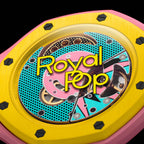 Détail lunette Royal Pop OTG ROZ — huit vis hexagonales noires finition satinée, lunette jaune, inscription Royal Pop, fond saphir décoré Pop Art