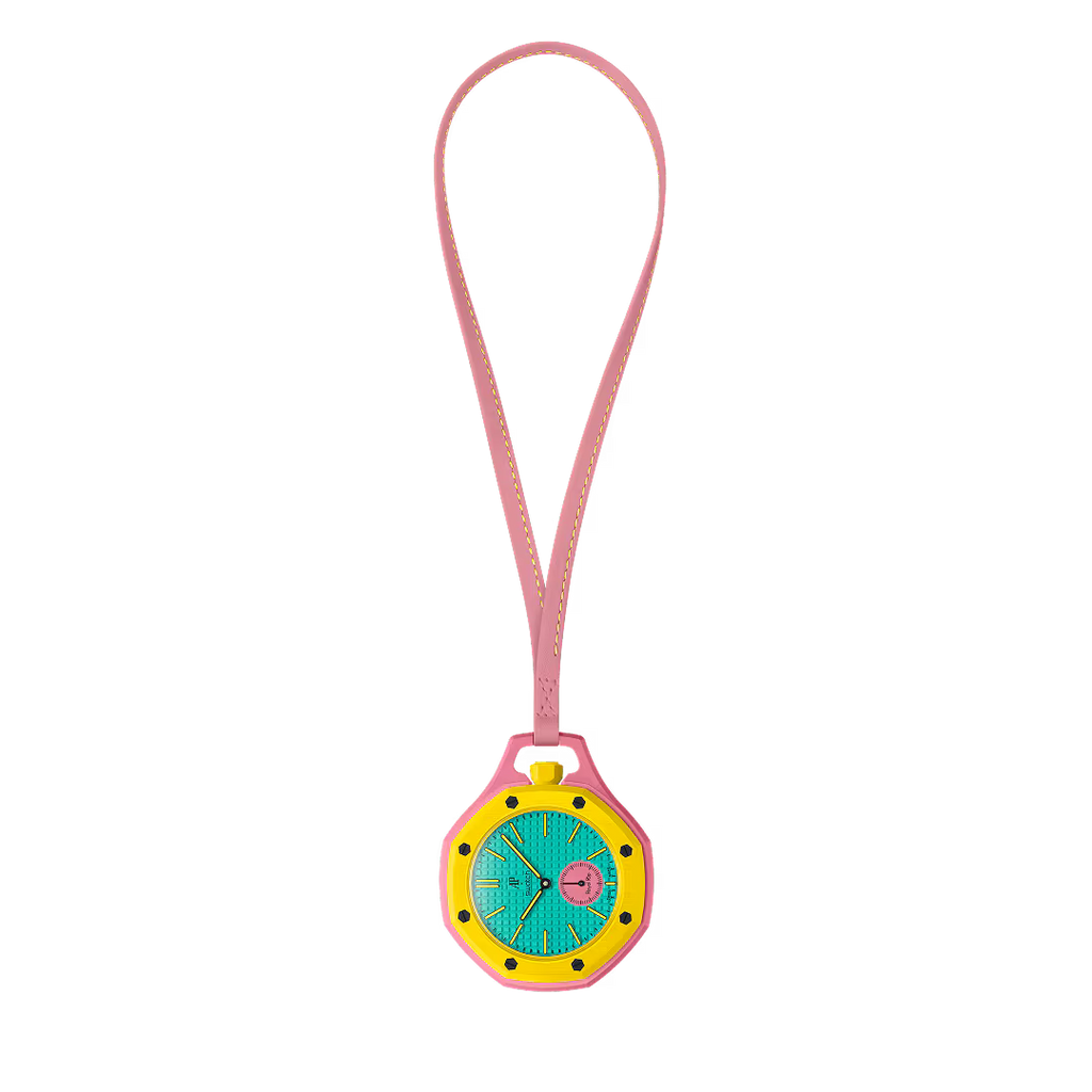 Montre de poche Savonnette Royal Pop OTG ROZ vue de face — cadran Tapisserie turquoise, sous-cadran petite seconde rose, lunette octogonale jaune, vis noires, cordon cuir rose