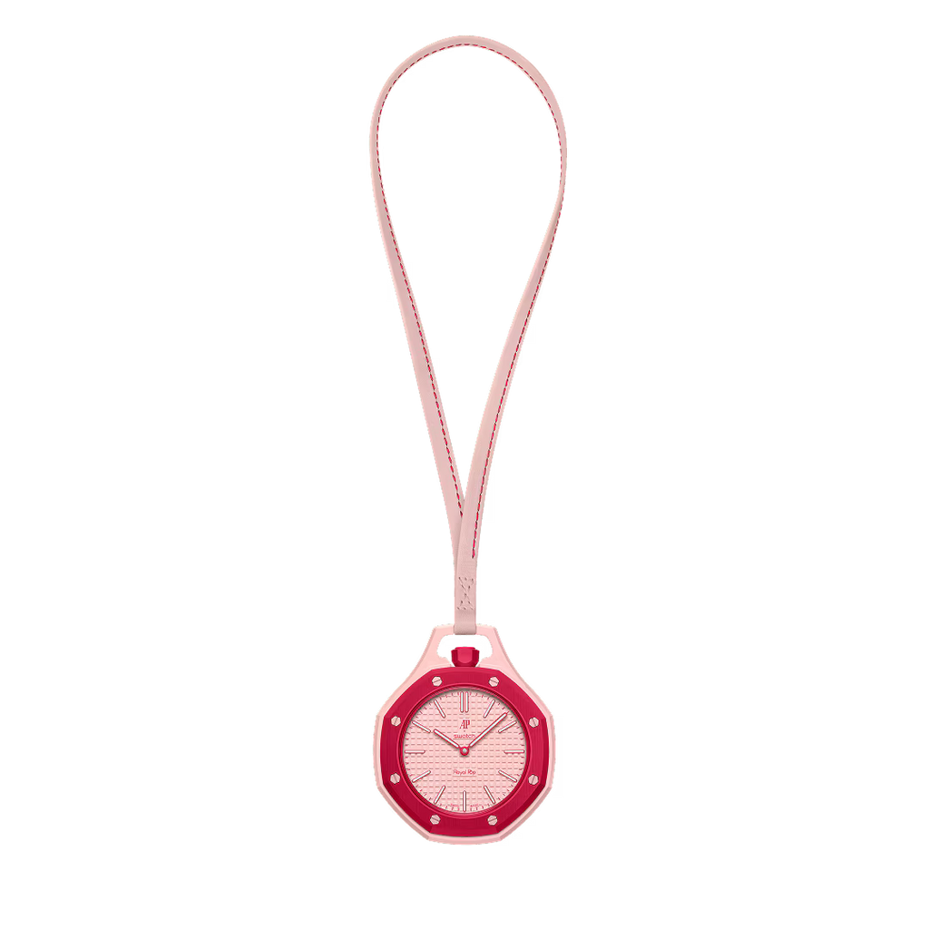 Montre de poche Royal Pop Otto Rosso vue de face — cadran Petite Tapisserie rose, lunette octogonale rouge, cordon cuir de veau rose
