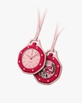 Royal Pop Otto Rosso Swatch x Audemars Piguet — vue face et dos, boîtier Bioceramic rose, lunette rouge cerise, fond saphir mouvement Pop Art, cordon cuir rose